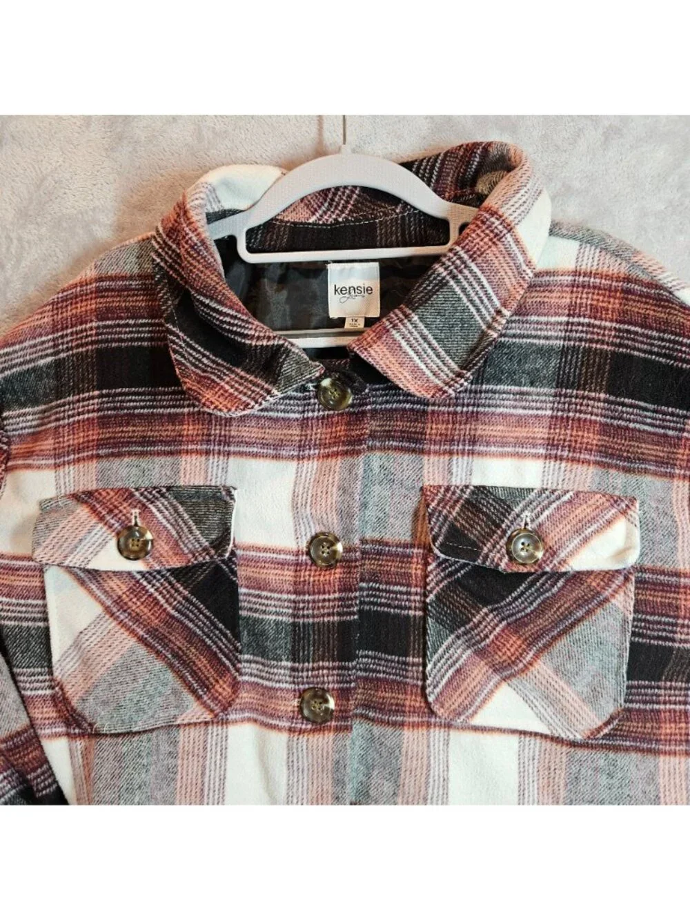 Kensie Women 1x Plaid Flannel lined Jacket Pockets Work gorpcore outdoor shacket